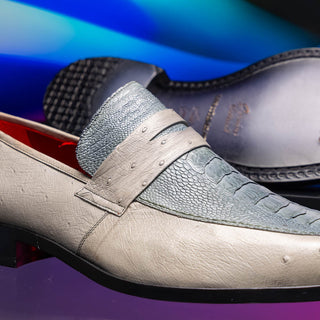 Marco Di Milano Fangio Men's Shoes Gray Genuine Ostrich Leg / Ostrich Quill Penny Loafers (MDM1112)-AmbrogioShoes