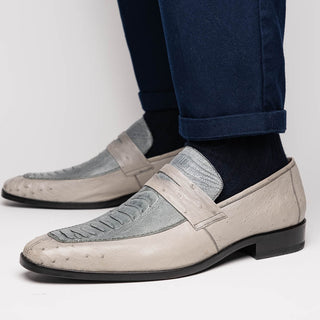 Marco Di Milano Fangio Men's Shoes Gray Genuine Ostrich Leg / Ostrich Quill Penny Loafers (MDM1112)-AmbrogioShoes