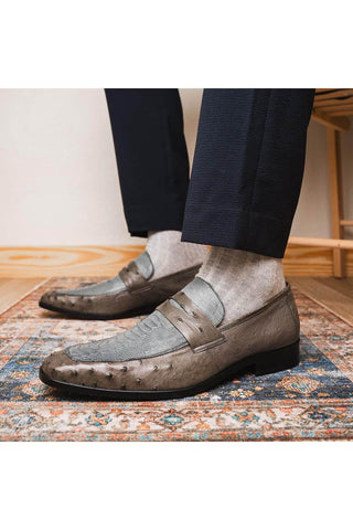 Marco Di Milano Fangio Serpentine Gray Genuine Ostrich Leg / Ostrich Quill Penny Loafers (MDM1112)-AmbrogioShoes