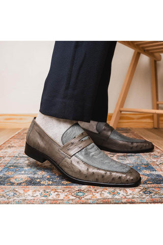 Marco Di Milano Fangio Serpentine Gray Genuine Ostrich Leg / Ostrich Quill Penny Loafers (MDM1112)-AmbrogioShoes