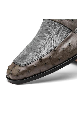 Marco Di Milano Fangio Serpentine Gray Genuine Ostrich Leg / Ostrich Quill Penny Loafers (MDM1112)-AmbrogioShoes