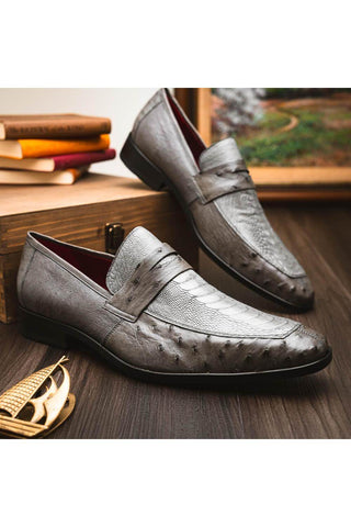 Marco Di Milano Fangio Serpentine Gray Genuine Ostrich Leg / Ostrich Quill Penny Loafers (MDM1112)-AmbrogioShoes