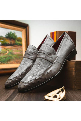 Marco Di Milano Fangio Serpentine Gray Genuine Ostrich Leg / Ostrich Quill Penny Loafers (MDM1112)-AmbrogioShoes
