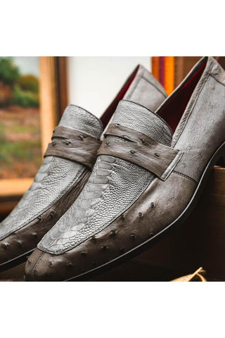 Marco Di Milano Fangio Serpentine Gray Genuine Ostrich Leg / Ostrich Quill Penny Loafers (MDM1112)-AmbrogioShoes