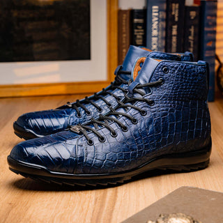 Marco Di Milano Hermond Men's Shoes Navy Exotic Alligator High-Top Sneakers (MDM1194)-AmbrogioShoes