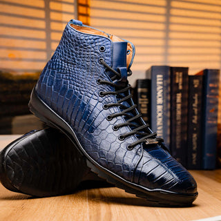 Marco Di Milano Hermond Navy Exotic Alligator High-Top Sneakers (MDM1194)-AmbrogioShoes