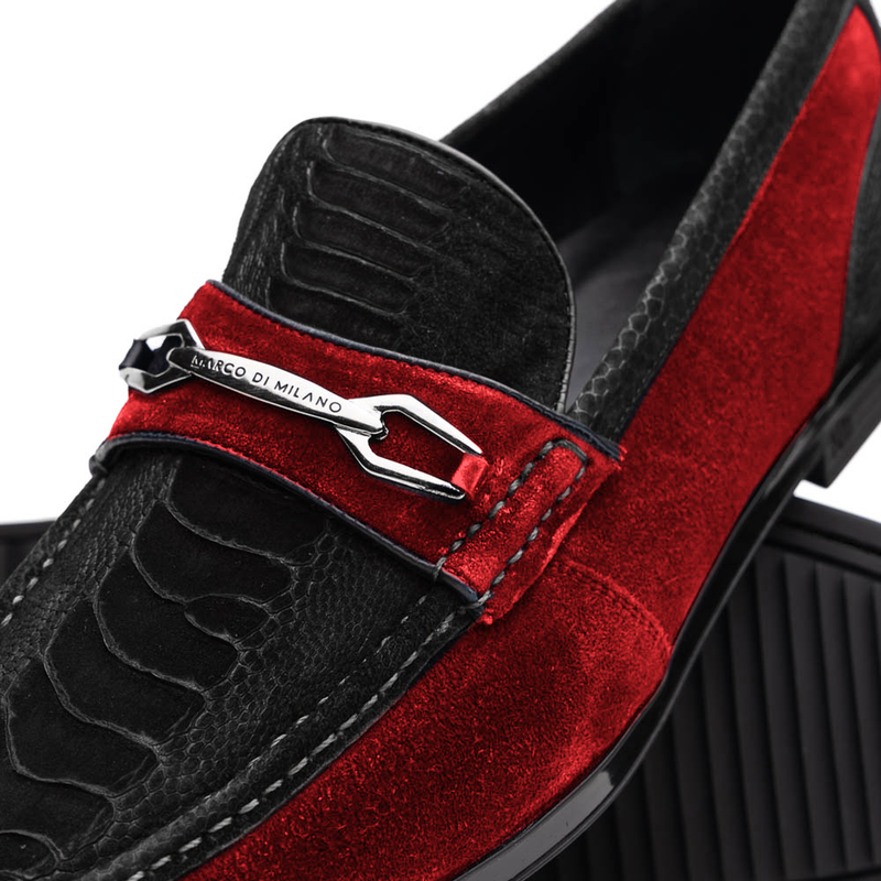 Marco Di Milano Hugo Men's Shoes Black & Red Suede / Ostrich Leg Horsebit Loafers (MDM1065)-AmbrogioShoes