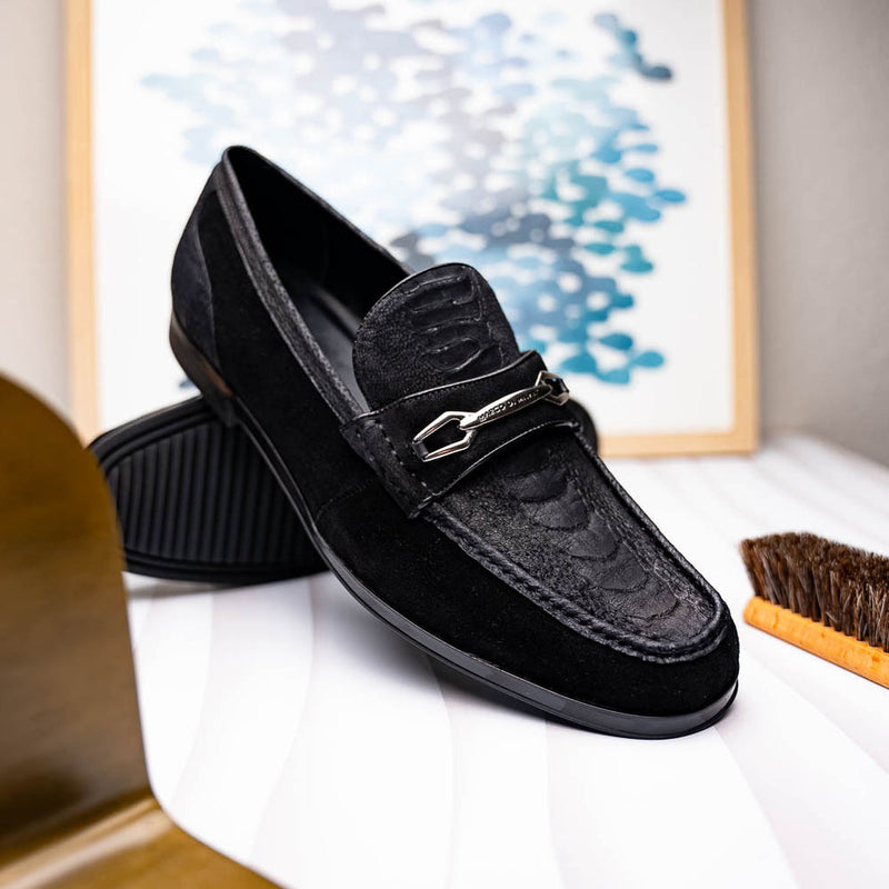 Marco Di Milano Hugo Men's Shoes Black Suede / Ostrich Leg Horsebit Loafers (MDM1066)-AmbrogioShoes