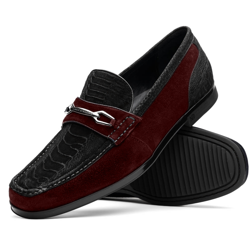 Marco Di Milano Hugo Men's Shoes Black & Wine Suede / Ostrich Leg Horsebit Loafers (MDM1064)-AmbrogioShoes