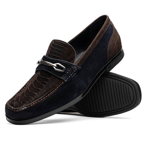 Marco Di Milano Hugo Men's Shoes Brown & Navy Suede / Ostrich Leg Horsebit Loafers (MDM1062)-AmbrogioShoes