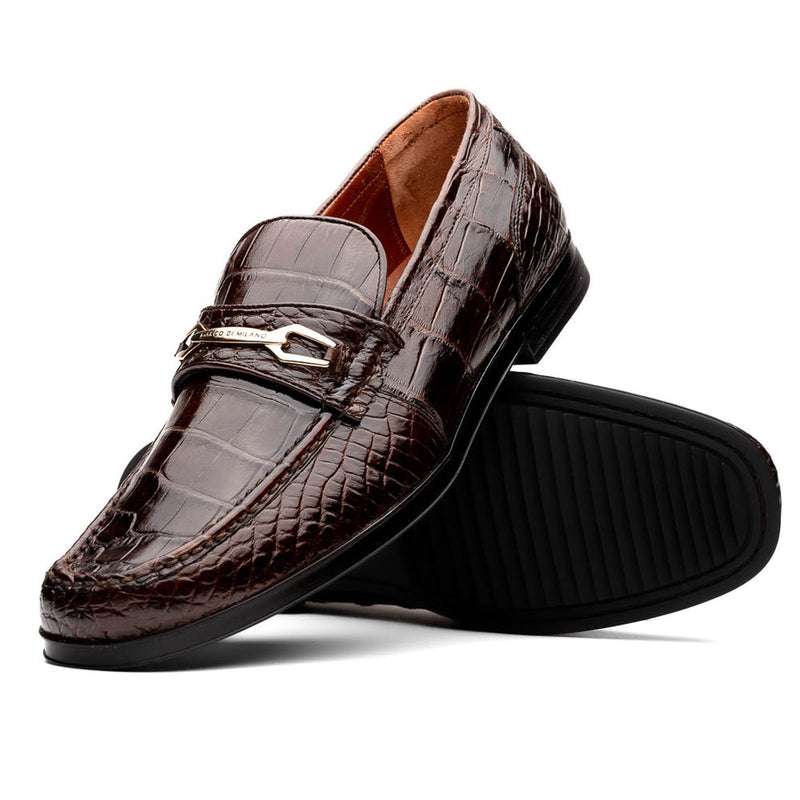 Marco Di Milano Hugo Men's Shoes Brown Stylish Exotic Alligator Horsebit Loafers (MDM1041)-AmbrogioShoes