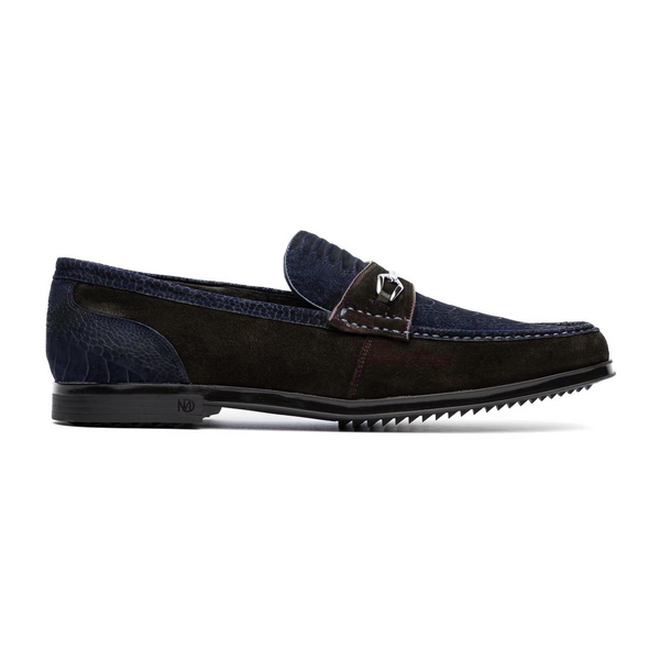 Marco Di Milano Hugo Men's Shoes Navy & Brown Suede / Ostrich Leg Horsebit Loafers (MDM1060)-AmbrogioShoes