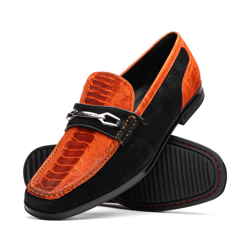 Marco Di Milano Hugo Men's Shoes Orange & Black Suede / Ostrich Leg Horsebit Loafers (MDM1059)-AmbrogioShoes