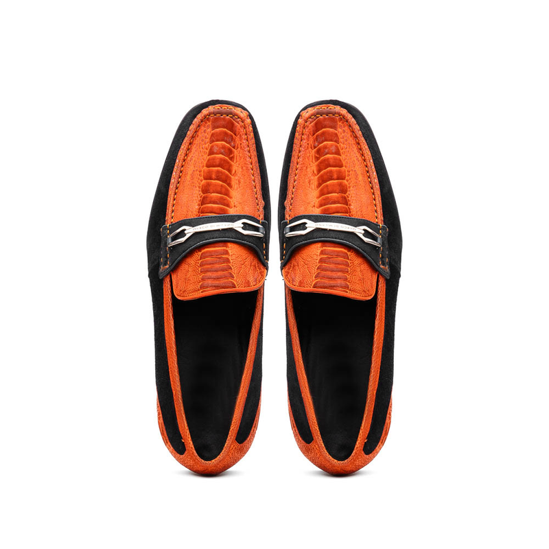 Marco Di Milano Hugo Men's Shoes Orange & Black Suede / Ostrich Leg Horsebit Loafers (MDM1059)-AmbrogioShoes