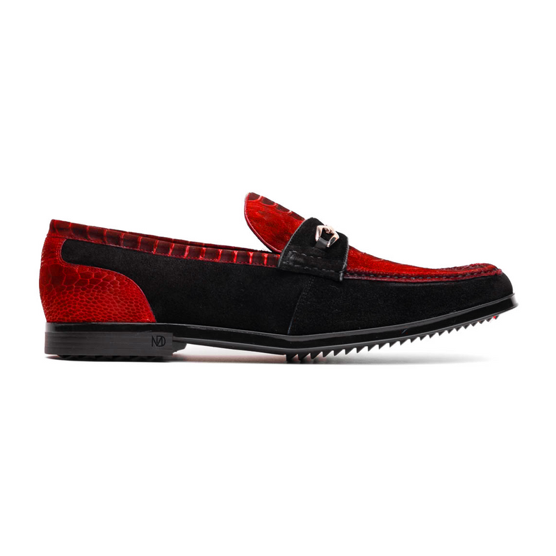 Marco Di Milano Hugo Men's Shoes Red & Black Suede / Ostrich Leg Horsebit Loafers (MDM1057)-AmbrogioShoes