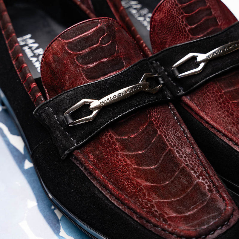 Marco Di Milano Hugo Men's Shoes Wine & Black Suede / Ostrich Leg Horsebit Loafers (MDM1056)-AmbrogioShoes