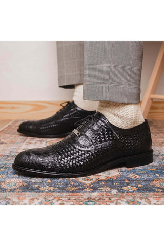 Marco Di Milano John Black Exotic Caiman Crocodile / Woven Leather Oxfords (MDM1178)-AmbrogioShoes