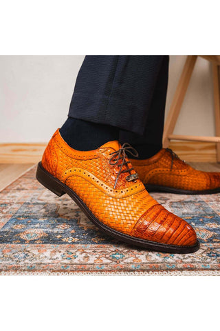 Marco Di Milano John Brandy Exotic Caiman Crocodile / Woven Leather Oxfords (MDM1178)-AmbrogioShoes