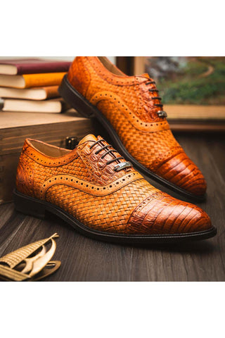 Marco Di Milano John Brandy Exotic Caiman Crocodile / Woven Leather Oxfords (MDM1178)-AmbrogioShoes