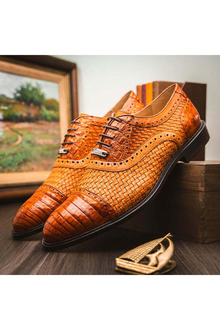 Marco Di Milano John Brandy Exotic Caiman Crocodile / Woven Leather Oxfords (MDM1178)-AmbrogioShoes