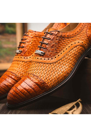 Marco Di Milano John Brandy Exotic Caiman Crocodile / Woven Leather Oxfords (MDM1178)-AmbrogioShoes