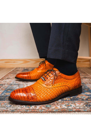 Marco Di Milano John Brandy Exotic Caiman Crocodile / Woven Leather Oxfords (MDM1178)-AmbrogioShoes