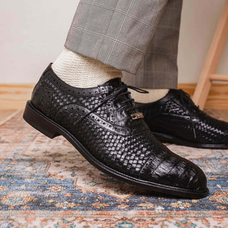 Marco Di Milano John Men's Shoes Black Exotic Caiman Crocodile / Woven Leather Oxfords (MDM1178)-AmbrogioShoes
