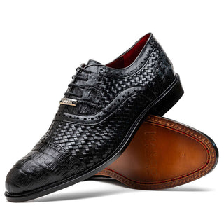 Marco Di Milano John Men's Shoes Black Exotic Caiman Crocodile / Woven Leather Oxfords (MDM1178)-AmbrogioShoes