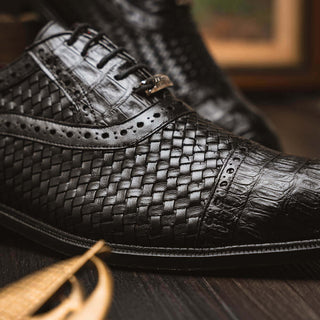 Marco Di Milano John Men's Shoes Black Exotic Caiman Crocodile / Woven Leather Oxfords (MDM1178)-AmbrogioShoes