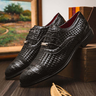 Marco Di Milano John Men's Shoes Black Exotic Caiman Crocodile / Woven Leather Oxfords (MDM1178)-AmbrogioShoes