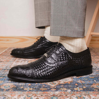 Marco Di Milano John Men's Shoes Black Exotic Caiman Crocodile / Woven Leather Oxfords (MDM1178)-AmbrogioShoes