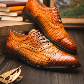 Marco Di Milano John Men's Shoes Brandy Exotic Caiman Crocodile / Woven Leather Oxfords (MDM1178)-AmbrogioShoes