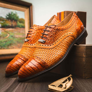 Marco Di Milano John Men's Shoes Brandy Exotic Caiman Crocodile / Woven Leather Oxfords (MDM1178)-AmbrogioShoes