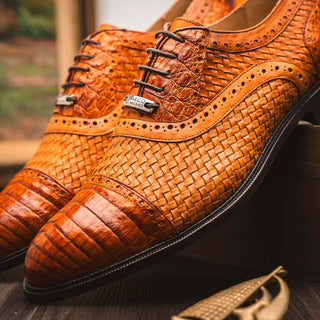 Marco Di Milano John Men's Shoes Brandy Exotic Caiman Crocodile / Woven Leather Oxfords (MDM1178)-AmbrogioShoes