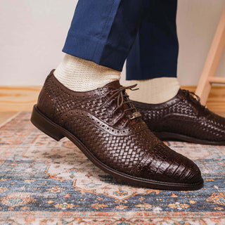 Marco Di Milano John Men's Shoes Brown Exotic Caiman Crocodile / Woven Leather Oxfords (MDM1178)-AmbrogioShoes