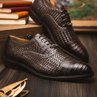 Marco Di Milano John Men's Shoes Brown Exotic Caiman Crocodile / Woven Leather Oxfords (MDM1178)-AmbrogioShoes