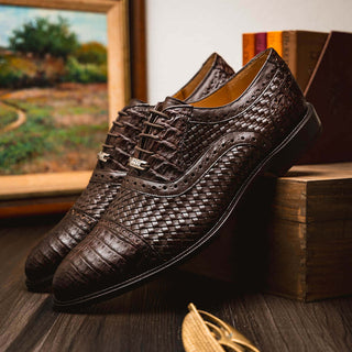 Marco Di Milano John Men's Shoes Brown Exotic Caiman Crocodile / Woven Leather Oxfords (MDM1178)-AmbrogioShoes