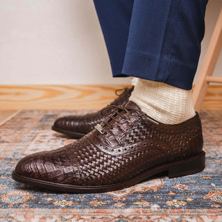 Marco Di Milano John Men's Shoes Brown Exotic Caiman Crocodile / Woven Leather Oxfords (MDM1178)-AmbrogioShoes