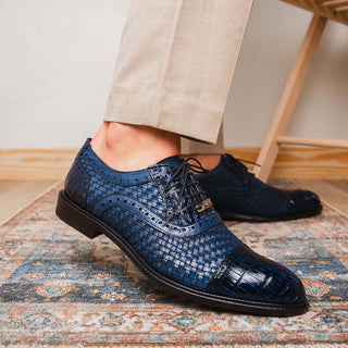 Marco Di Milano John Men's Shoes Navy Exotic Caiman Crocodile / Woven Leather Oxfords (MDM1178)-AmbrogioShoes