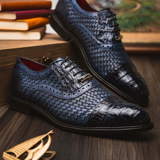 Marco Di Milano John Men's Shoes Navy Exotic Caiman Crocodile / Woven Leather Oxfords (MDM1178)-AmbrogioShoes