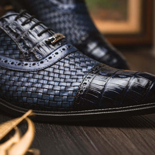 Marco Di Milano John Men's Shoes Navy Exotic Caiman Crocodile / Woven Leather Oxfords (MDM1178)-AmbrogioShoes