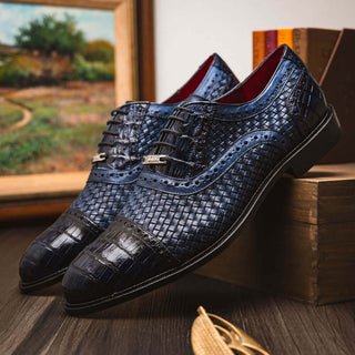 Marco Di Milano John Men's Shoes Navy Exotic Caiman Crocodile / Woven Leather Oxfords (MDM1178)-AmbrogioShoes