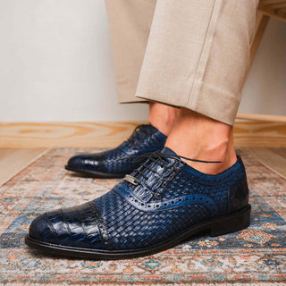 Marco Di Milano John Men's Shoes Navy Exotic Caiman Crocodile / Woven Leather Oxfords (MDM1178)-AmbrogioShoes