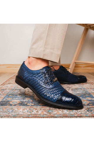 Marco Di Milano John Navy Exotic Caiman Crocodile / Woven Leather Oxfords (MDM1178)-AmbrogioShoes