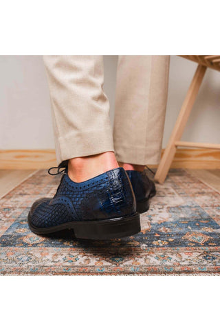 Marco Di Milano John Navy Exotic Caiman Crocodile / Woven Leather Oxfords (MDM1178)-AmbrogioShoes