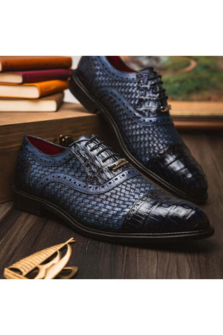 Marco Di Milano John Navy Exotic Caiman Crocodile / Woven Leather Oxfords (MDM1178)-AmbrogioShoes