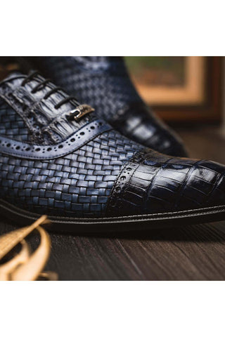 Marco Di Milano John Navy Exotic Caiman Crocodile / Woven Leather Oxfords (MDM1178)-AmbrogioShoes