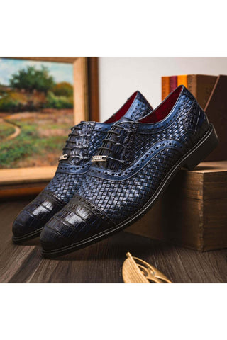 Marco Di Milano John Navy Exotic Caiman Crocodile / Woven Leather Oxfords (MDM1178)-AmbrogioShoes