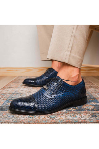 Marco Di Milano John Navy Exotic Caiman Crocodile / Woven Leather Oxfords (MDM1178)-AmbrogioShoes