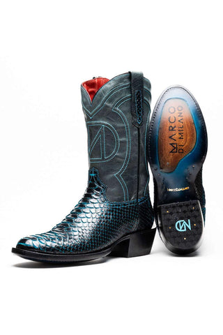 Marco Di Milano Kansas Black & Blue Genuine Python / Calf-Skin Leather Cowboy Boot (MDM1211)-AmbrogioShoes
